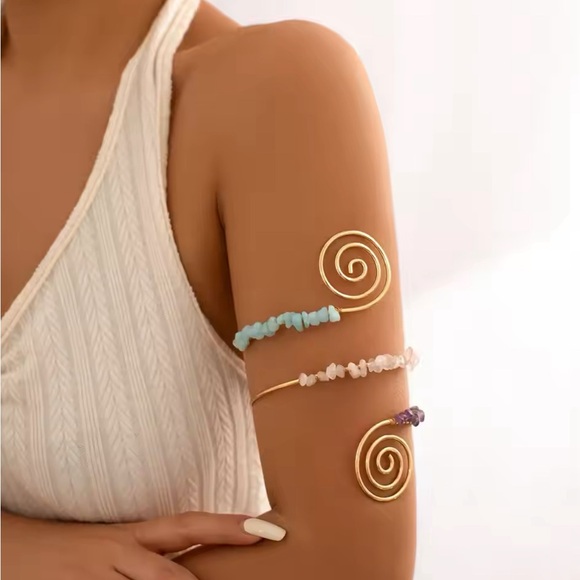 New, Natural Stones Spiral Upper Arm Cuff Bangle Adjustable Open bracelet - Picture 3 of 8